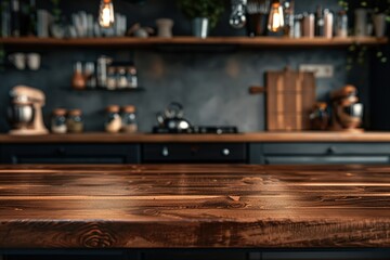 Wall Mural - Brown natural wooden kitchen island table top with copy space for product advertising over blurred dark classic kitchen background at home