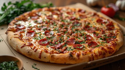 A cheese-covered pizza adorned with pepperoni slices and fresh herbs sits in a cardboard box, its golden crust indicating perfect baking, ready for immediate enjoyment.