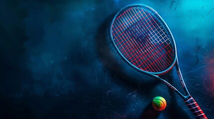 Wall Mural - Tennis Racket and Ball in Blue Light