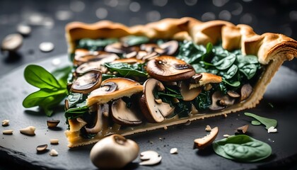 Pieces of mushroom pie with spinach leaves and champignons on black grunge table
