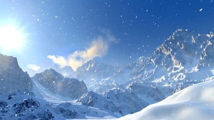 Panoramic scene of a snowcovered mountain range under a clear blue sky the sunlight sparkling on the snow