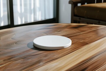 Wall Mural - Minimalist Round White Ceramic Plate Podium on Natural Wooden Table