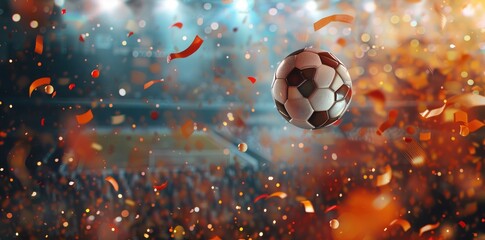 Soccer Football Ball Amidst Colorful Confetti Celebration - Championship 2024 sport win, triumph, winner celebration concept