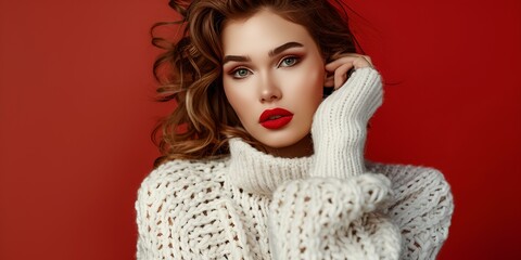 Sticker - A woman wearing a white sweater and red lipstick stands in front of a red background. She has a confident and stylish appearance