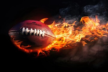 Burning American football ball with bright flame flying on black background