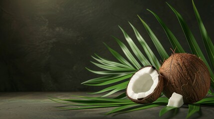 Freshly harvested coconuts with green leaves, emphasizing their use in tropical cuisine and beverages. Copy space for text.