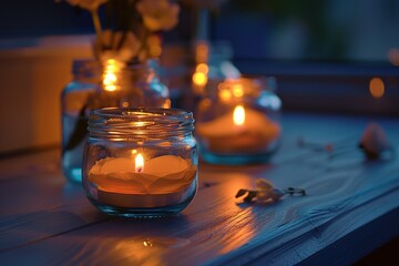 Canvas Print - Candles flickering in glass jars adding to the magical atmosphere