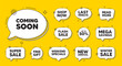 © blankstock - Offer speech bubble icons. Coming soon tag. Promotion banner sign. New product release symbol. Coming soon chat offer. Speech bubble discount banner. Text box balloon. Vector