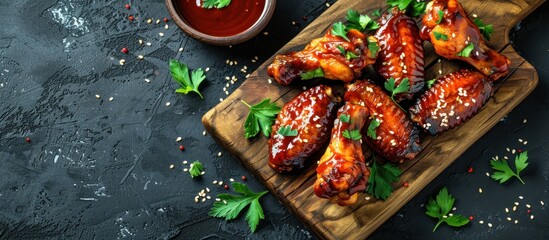 Wall Mural - Chicken Wings on Wooden Board with Sesame Seeds and Parsley
