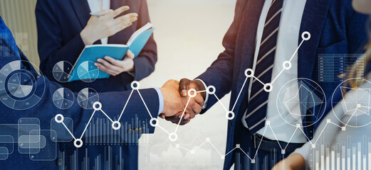 Poster - Multinational business people shaking hands and business data concept