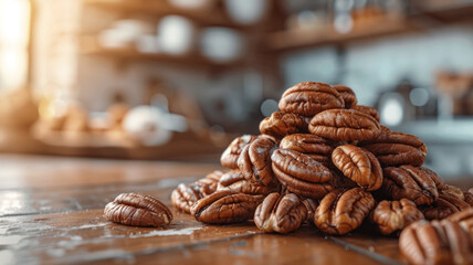 Pile of raw pecans on a wooden table in a rustic kitchen.