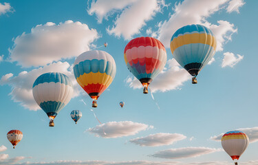 Colorful clouds, light white and light blue hot air balloons, romantic scenes