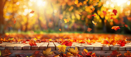 orange fall leaves on wooden floor, autumn natural background with maple trees
