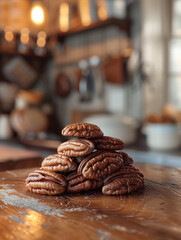 Wall Mural - A stack of pecans on a wooden table in a rustic kitchen.