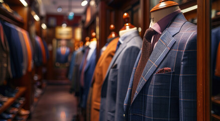 Poster - luxury men's suits in the store, with mannequins wearing neckties and blouses