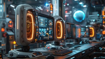 Futuristic spaceship interior with control panels, glowing screens, and advanced technology. Perfect for themes of space travel, science fiction, and digital innovation.