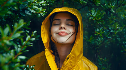 Wall Mural - Serene Woman Enjoying Nature's Beauty Tongue Out in Yellow Raincoat in the Enchanted Forest