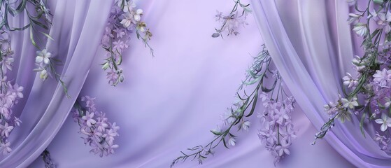 Wall Mural - A purple curtain with flowers on it. Floral and silk background. Perfect for product design and presentation.