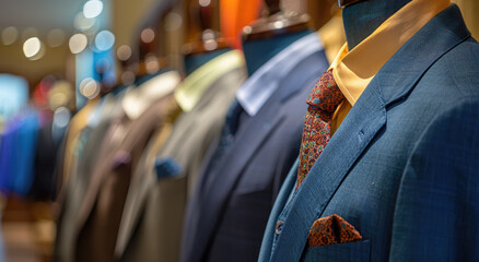 Poster - luxury men's suits in the store, with mannequins wearing neckties and blouses