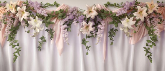 Wall Mural - A white curtain with flowers and vines hanging from it. Floral and silk background. Perfect for product design and presentation.