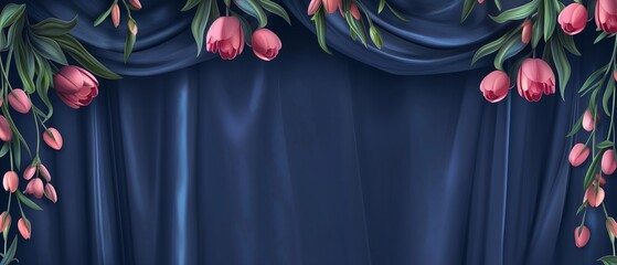 Canvas Print - A blue curtain with pink flowers on it. Floral and silk background. Perfect for product design and presentation.