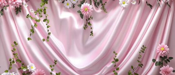 Canvas Print - A pink curtain with flowers and vines hanging from it. Floral and silk background. Perfect for product design and presentation.