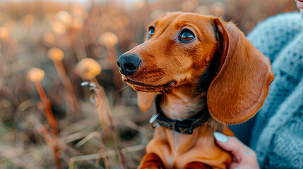 A cute dachshund at sunset. On the grass with flowers. Outdoor shooting during the day.