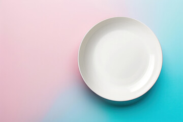 Simple plain white plate, colorful background, flat lay. Top view empty clean dish, pastel colors