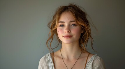 Wall Mural - Portrait of a Young Woman With Wavy Blonde Hair and Blue Eyes