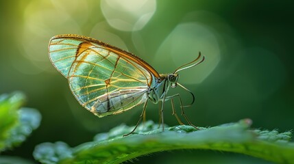 Wall Mural - Glasswing Butterfly on a Green Leaf