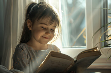 Wall Mural - A little girl reading an open book, lying on the bed with sunlight shining through the window onto her face.