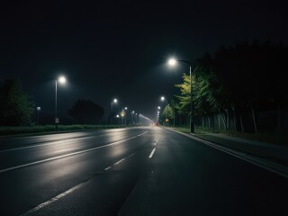 empty wet asphalt road at night illuminated by street lights. concept of loneliness, travel, journey