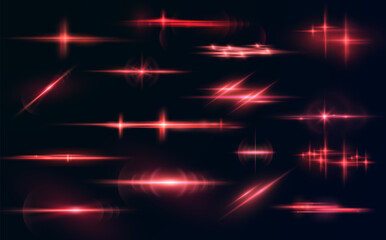 Poster - Light red effect reflections, neon illumination in red colors. Bright light lens. Police light effects, lines. Shiny stars, glowing sparks on a black background. Vector red light effect