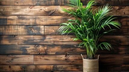 Wall Mural - Green Palm Plant Against Rustic Wooden Background