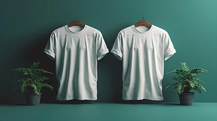 Wall Mural - Two White T-Shirts Hanging on Wooden Hangers Against a Teal Wall