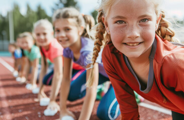 Wall Mural - Children at a school sports day were doing starting positions for a race on the track. A close up photo shows girls in sports wear and sneakers with blond hair smiling