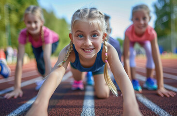 Wall Mural - Children at a school sports day were doing starting positions for a race on the track. A close up photo shows girls in sports wear and sneakers with blond hair smiling
