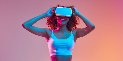 A young woman is having fun with virtual reality goggles