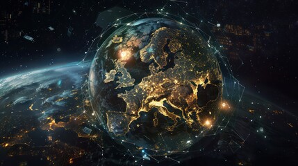 Artistic depiction of Earth from space Connected by a network that connects points all over the world.