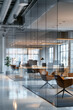 © ChubbyCat - Contemporary office interior with glass partitions and minimalist decor.