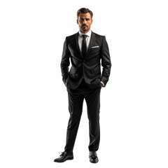 Wall Mural - A man in a black suit and white tie stands in front of a white background