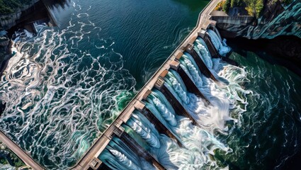 Aerial view of a massive hydroelectric power station with multiple spillways releasing powerful water flows. Turquoise water creates intricate patterns as it rushes over the concrete structure.