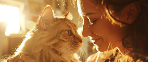 Wall Mural - A woman is holding a cat and smiling