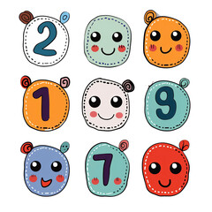 a cute cartoon style number stickers with simple line on transparent background