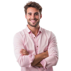 Sticker - A man in a pink shirt is smiling and has his arms crossed