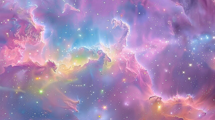 Wall Mural - A vibrant cosmic nebula filled with pastel colors and sparkling stars, creating a dreamy space landscape.