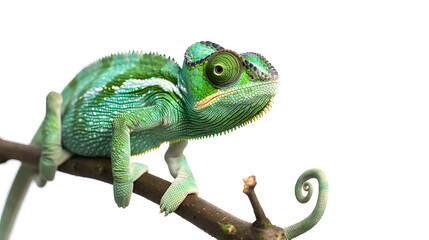 Wall Mural - Cute green chameleon on branch against white background