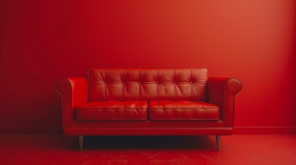 A red couch is sitting in front of a red wall