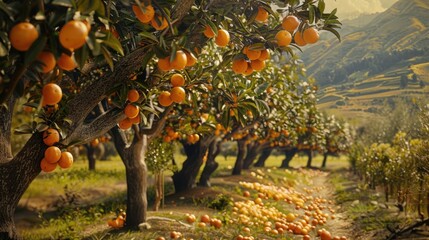 Wall Mural - Harvesting Citrus Fruits: Farmers Picking Fresh Oranges and Lemons from Lush Citrus Grove Trees in Sunny Orchards