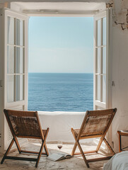 Poster - view of the sea from the Beach house windowsill with table and chairs